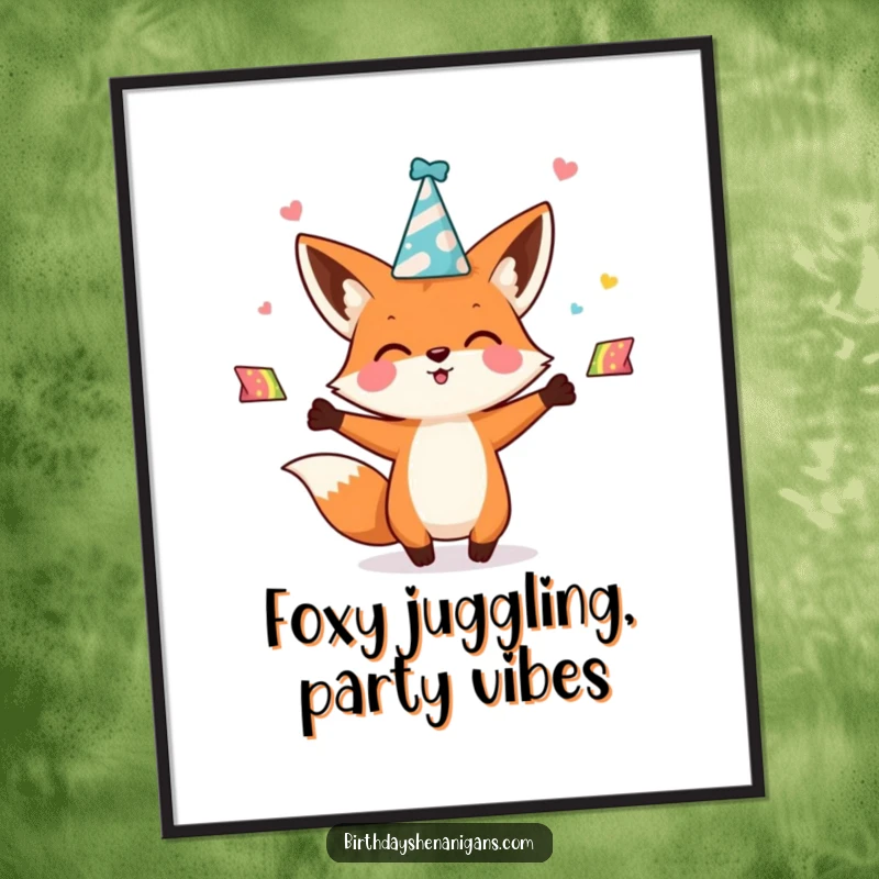 Funny Free Printable Wall Art: Kawaii fox character enthusiastically juggles colorful party hats, adding a whimsical touch.