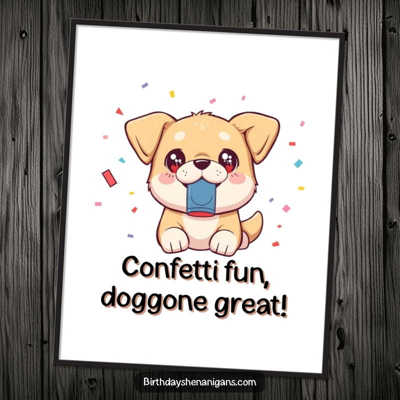 Funny Free Printable Wall Art: A kawaii dog with sparkling eyes happily launching confetti from a popper.