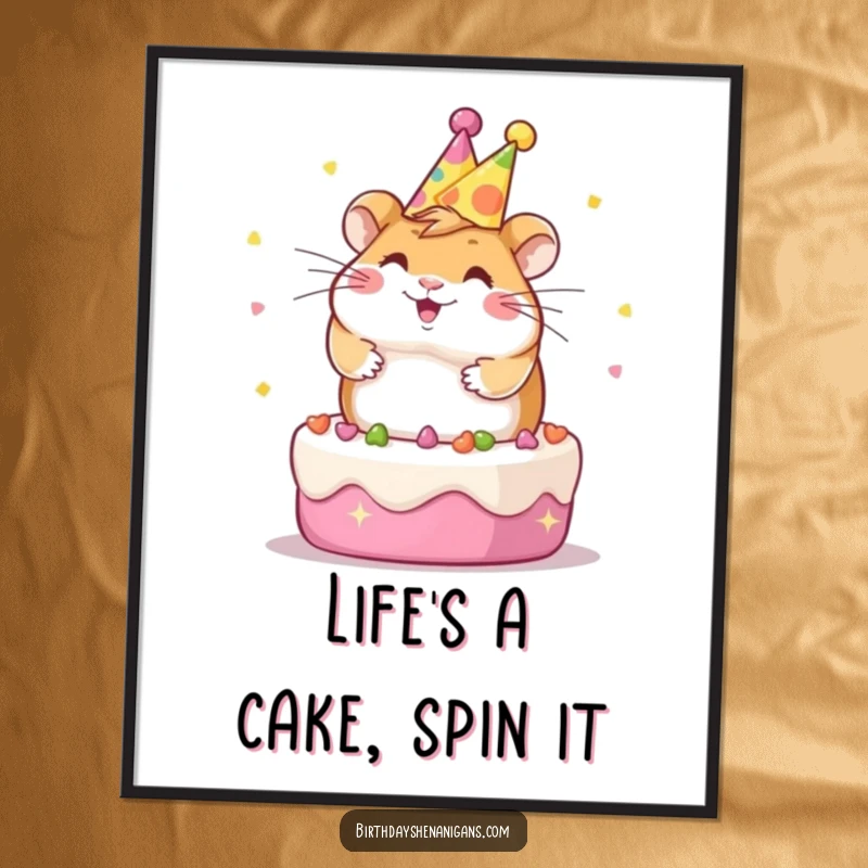 Funny Free Printable Wall Art featuring a gleeful Kawaii hamster wearing a party hat and spinning joyfully on top of a delicious cake.