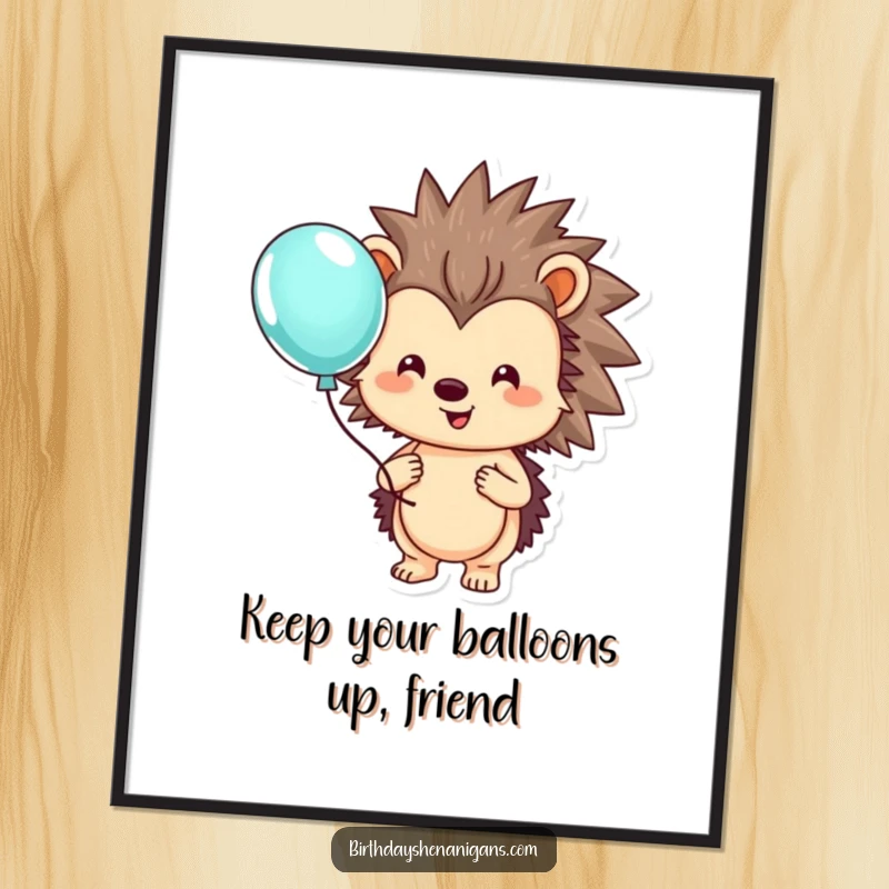 Funny Free Printable Wall Art: A smiling hedgehog joyfully holds a large, colorful balloon, adding whimsical charm.