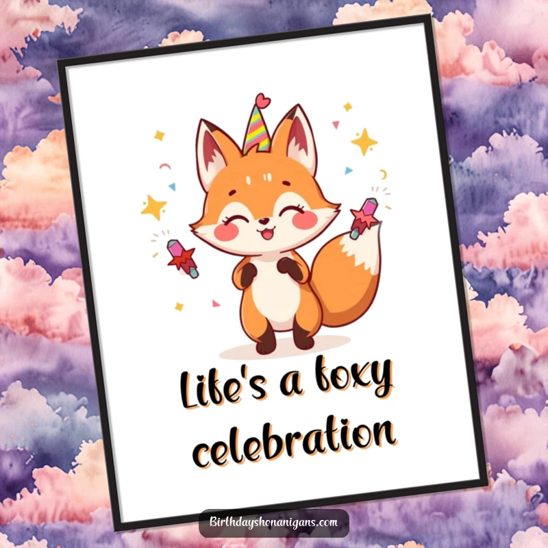 Funny Free Printable Wall Art: A gleeful fox is captured mid-juggle with colorful party poppers, creating a lively scene.