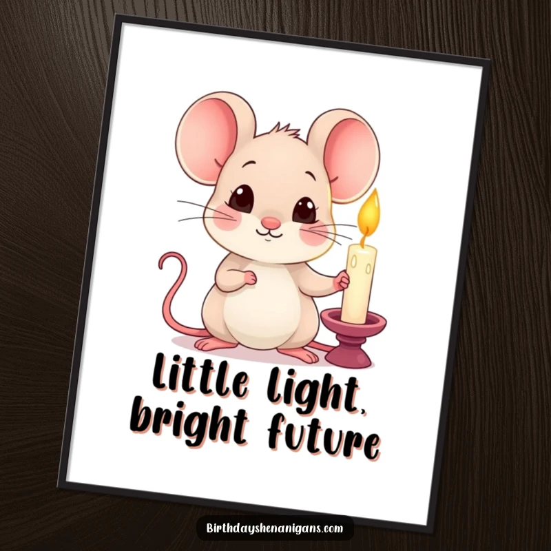 Funny Free Printable Wall Art: A kawaii mouse holding a single, lit candle with a curious expression.