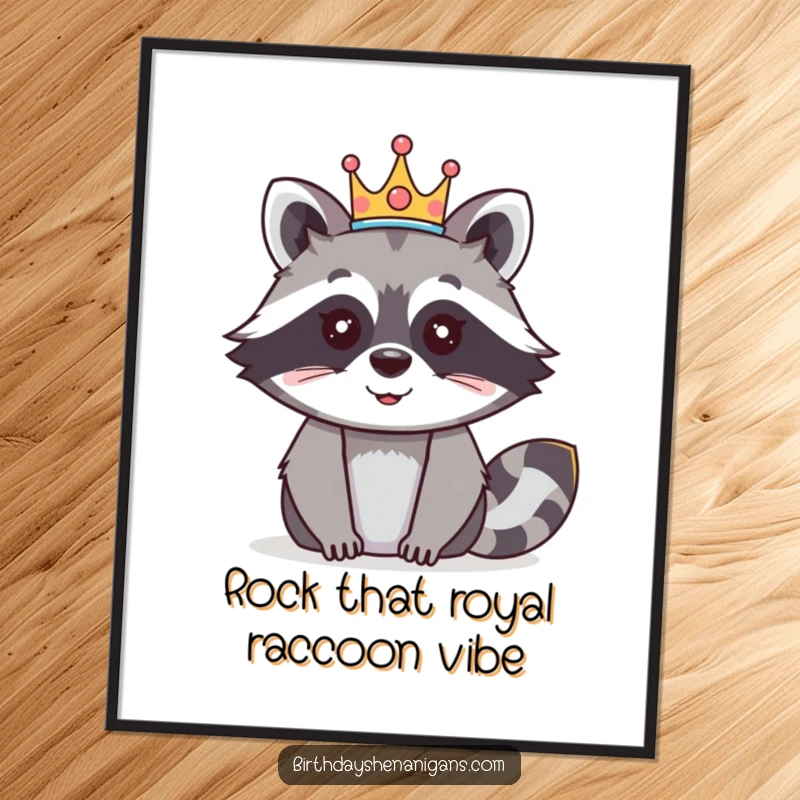 Funny Free Printable Wall Art: A happy raccoon proudly wears a festive crown, exuding playful royal charm.