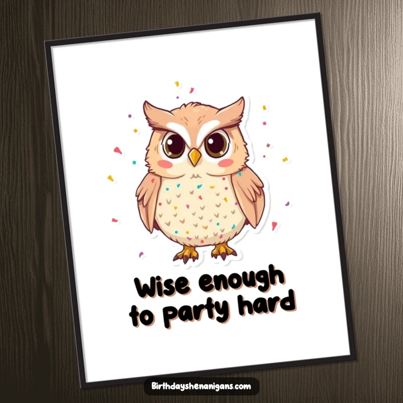 Funny Free Printable Wall Art: A mischievous owl with confetti sprinkled throughout its feathers, adding a pop of fun.