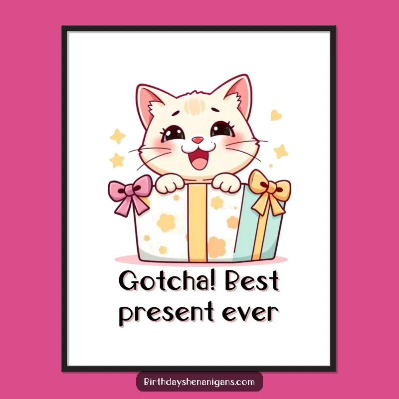 Free Printable Wall Art: Cat's Gift Excitement, Humorous Downloadable Art for Whimsical Decor
