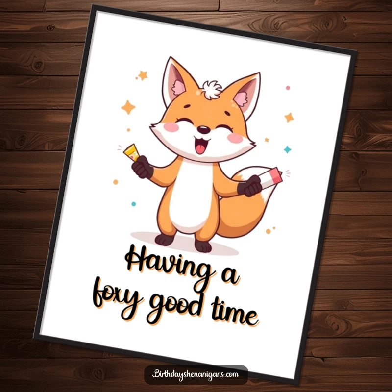 Funny Free Printable Wall Art: A gleeful fox character dynamically juggling multiple party poppers with a mischievous grin.