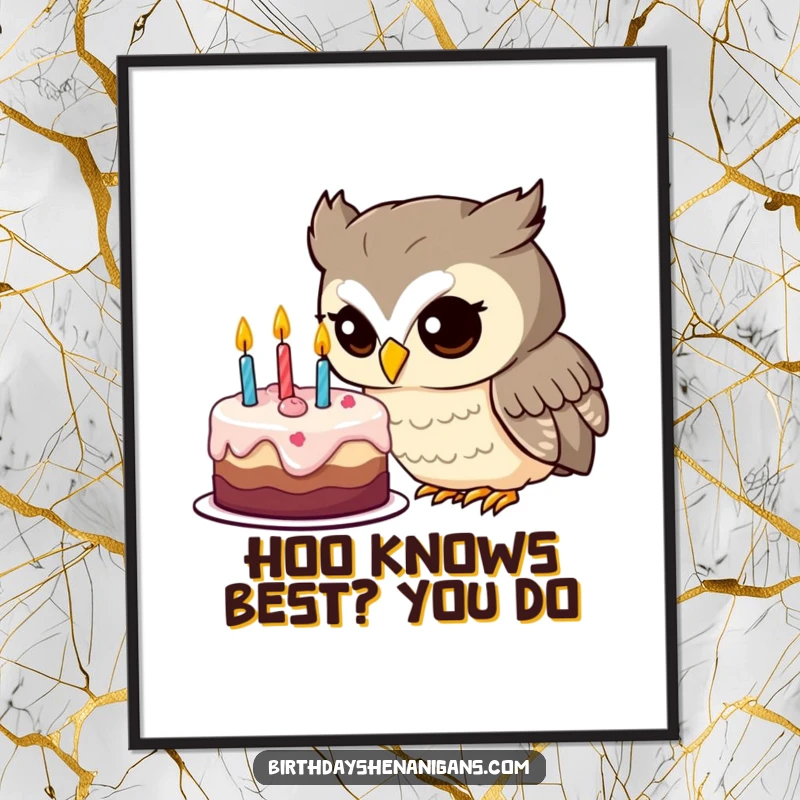 Funny Free Printable Wall Art: A curious owl intensely examines a birthday cake, adding whimsical charm to any room.