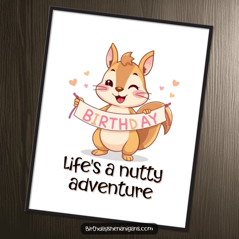 Funny Free Printable Wall Art: A playful squirrel proudly holds a colorful banner, adding quirky charm to any wall.