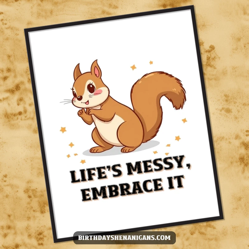 Funny free printable wall art of a cheerful squirrel scattering bright wrapping paper, creating a scene of playful, festive disarray.