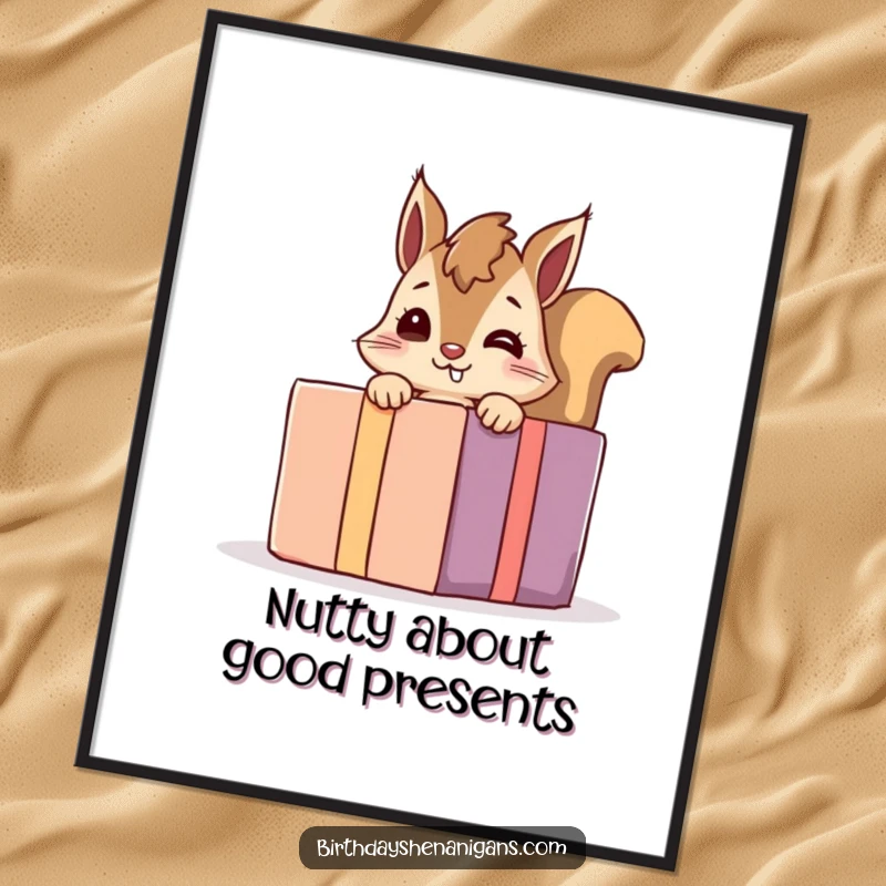 Funny Free Printable Wall Art: A giggling squirrel peeks from behind a giant present, radiating joy.