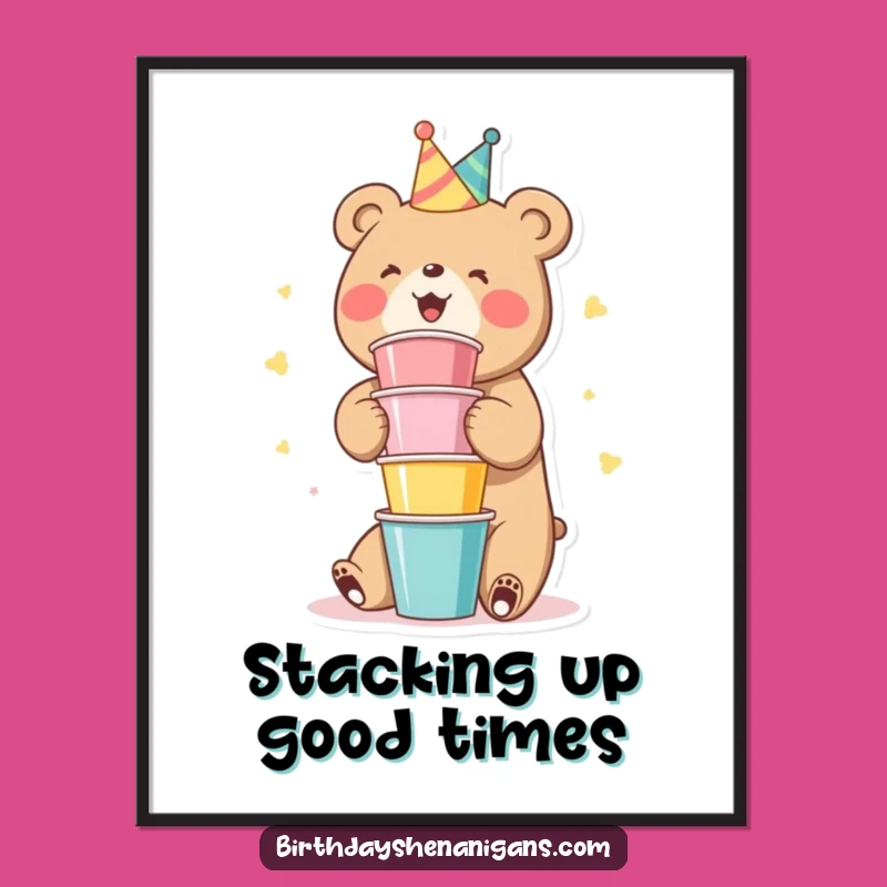 Funny Free Printable Wall Art: Cute Bear Stacking Party Cups, Downloadable Humor Decor