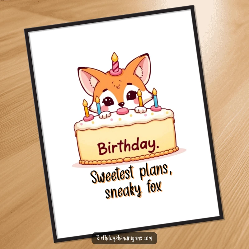 Funny free printable wall art depicting a mischievous fox hiding behind a large birthday cake, a humorous downloadable art piece.