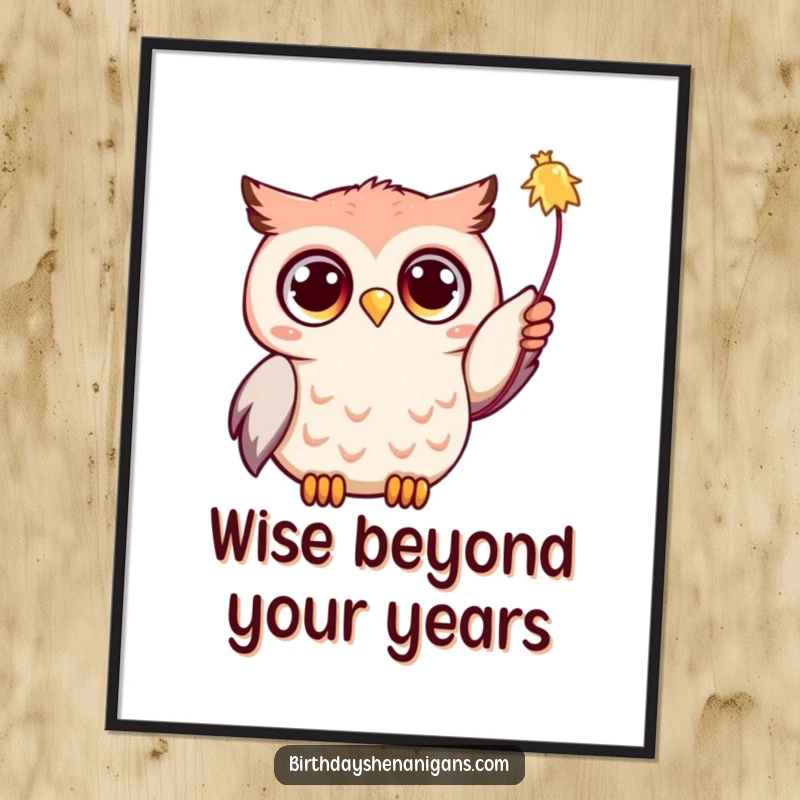 Funny Free Printable Wall Art of a delighted Kawaii owl with wide, excited eyes, playfully reaching for a colorful streamer.