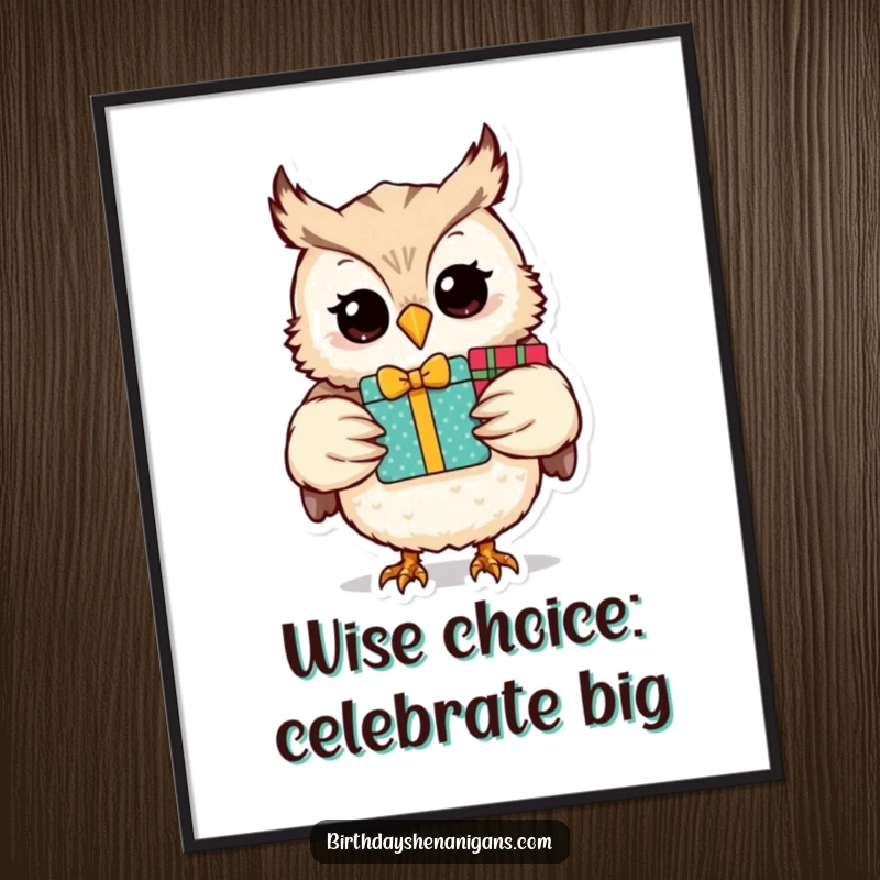 Funny Free Printable Wall Art: A wise and happy owl carrying a large stack of beautifully wrapped gifts, perfect for any room.