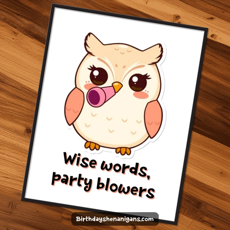 Funny Free Printable Wall Art: Kawaii owl character wearing a festive party blower, adding a whimsical and cheerful vibe.