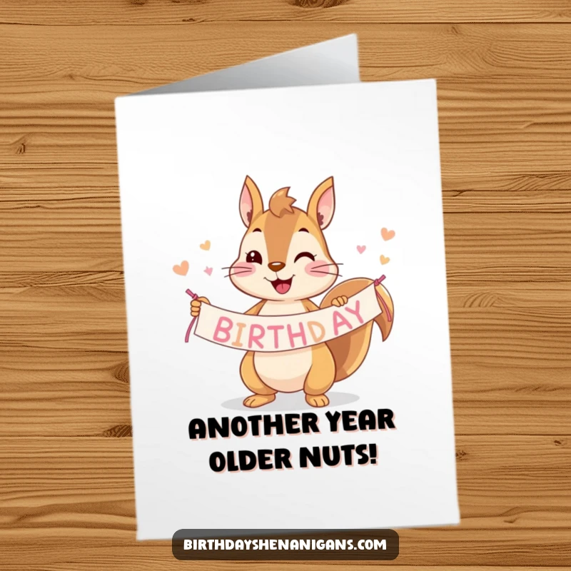Funny Free Printable Birthday Card: Playful squirrel cheerfully holding a banner, perfect for a memorable DIY celebration.