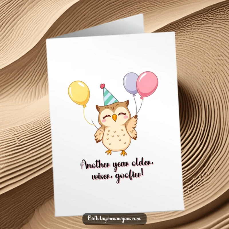 Funny Free Printable Birthday Card featuring a cute kawaii owl in a party hat joyfully juggling colorful balloons.