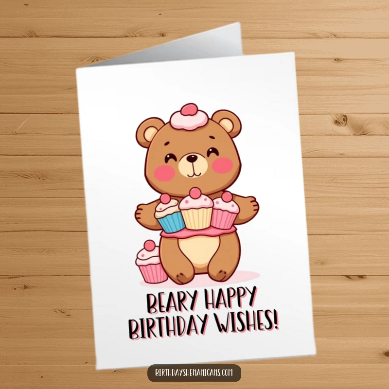 Funny Free Printable Birthday Card: A cheerful Grizzy bear precariously balances a huge, colorful stack of cupcakes.