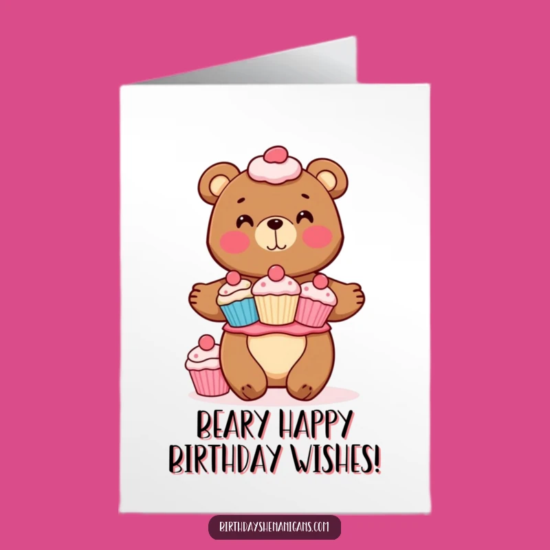 Free Printable Birthday Card: Bear's Cupcake Tower, Funny Downloadable for a Sweet Celebration