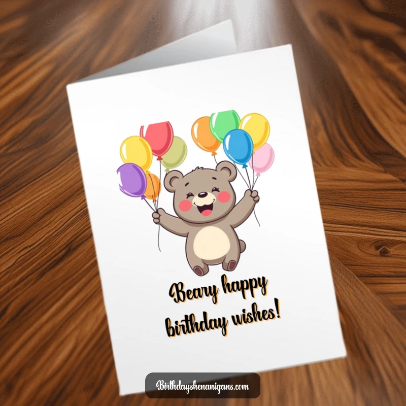 Funny free printable birthday card showing a cheerful bear skillfully juggling colorful balloons with a massive, happy grin.