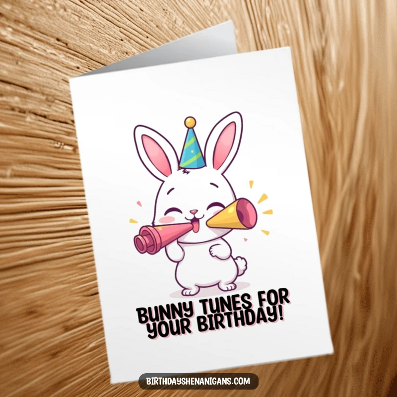 Funny free printable birthday card with a happy bunny character blowing a giant party horn, signaling festive cheer.