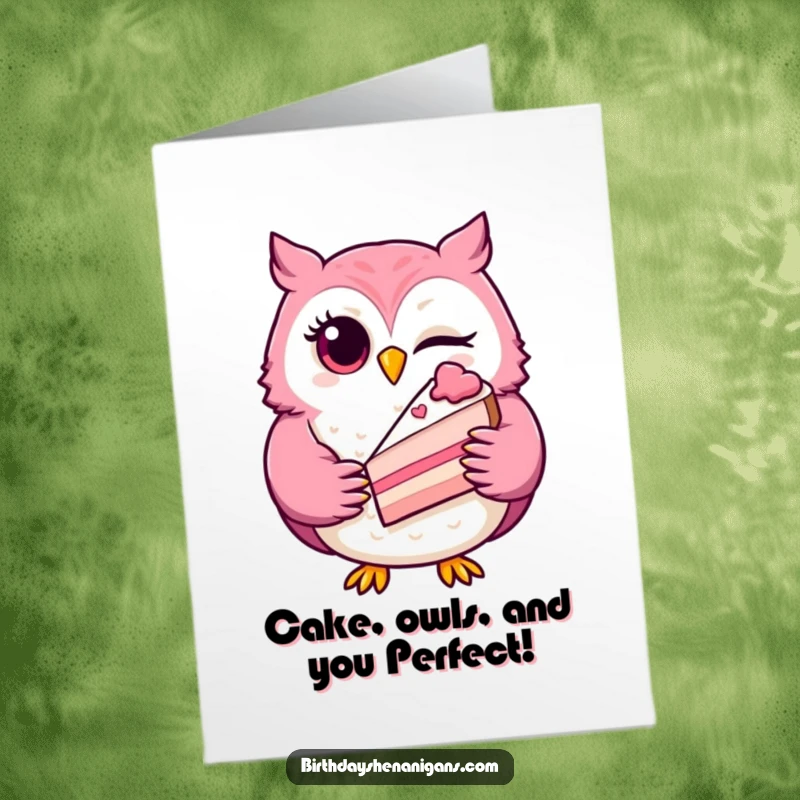 Funny Free Printable Birthday Card: A winking owl holds a delicious slice of cake, ready for celebration.