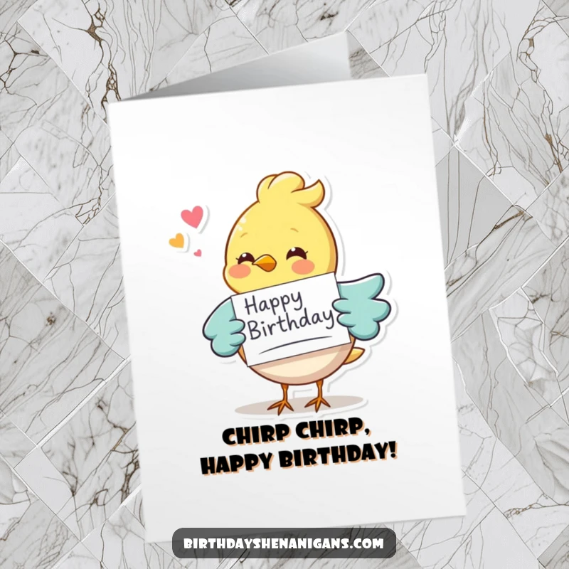 Funny Free Printable Birthday Card: A whimsical bird flies happily, delivering a birthday card with a cheerful chirp.