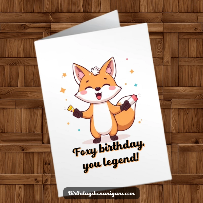Funny Free Printable Birthday Card: Gleeful fox character comically juggles exploding party poppers, spreading birthday cheer.