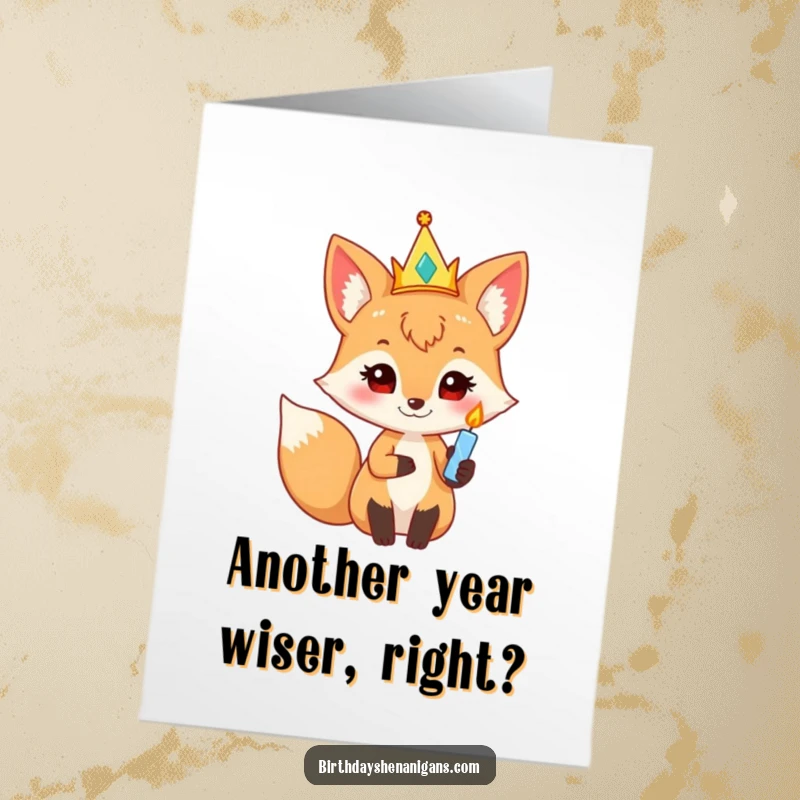 Funny Free Printable Birthday Card: Curious fox dons a crown, holding a candle, a charming downloadable gift.
