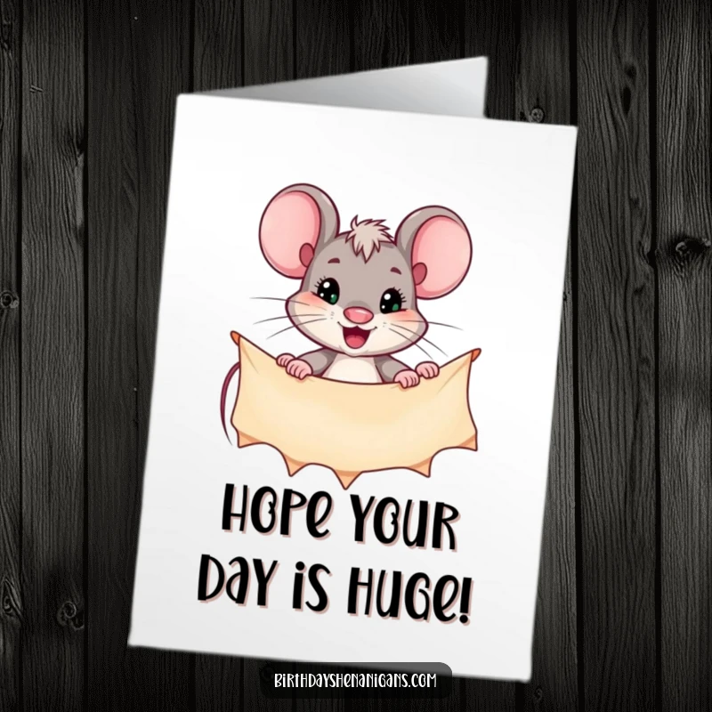 Funny Free Printable Birthday Card: A small, determined mouse bravely hanging a 'Happy Birthday' banner with focus.