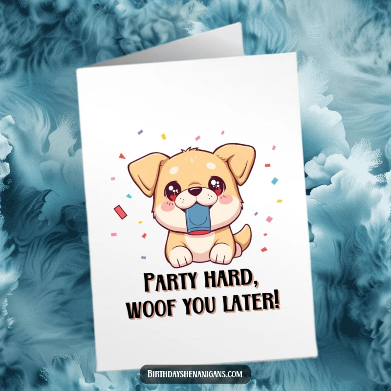 Funny Free Printable Birthday Card: A kawaii dog with sparkling eyes happily launching confetti from a popper.