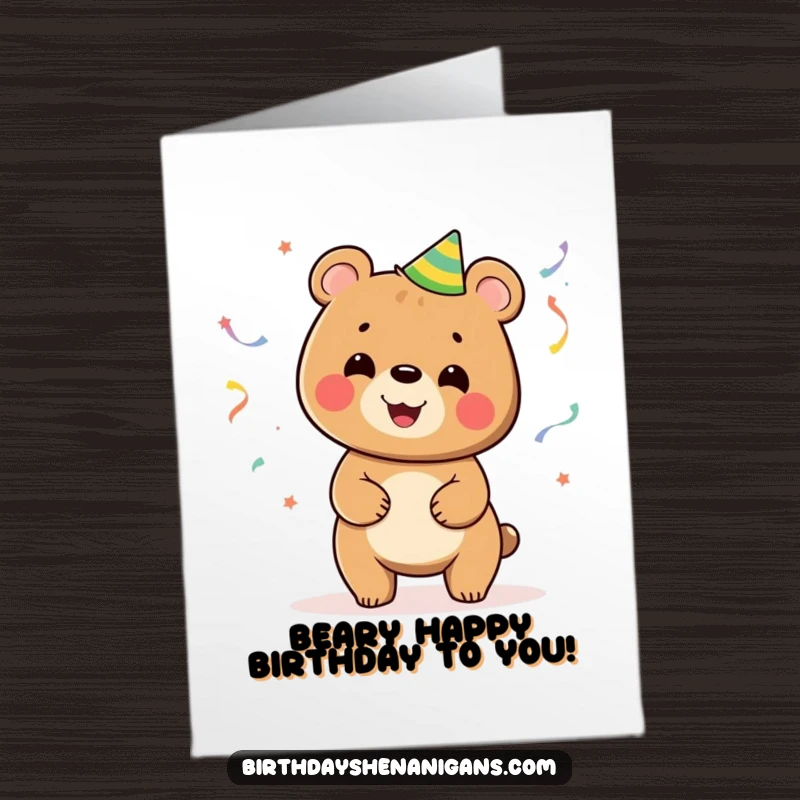 Funny free printable birthday card of a smiling bear enthusiastically juggling colorful party streamers, spreading cheer and fun.