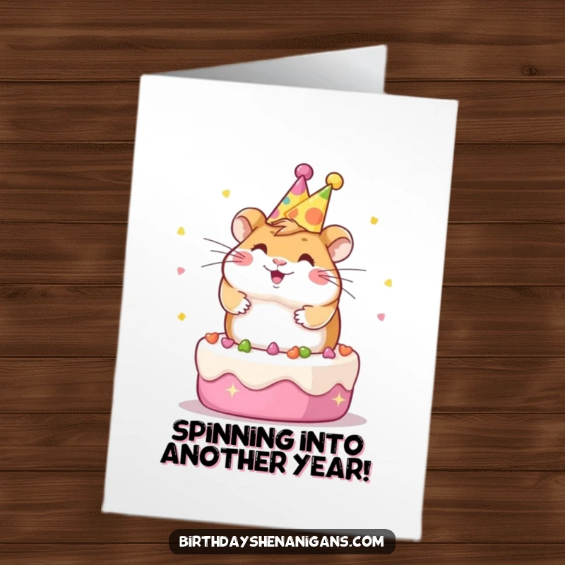 Funny Free Printable Birthday Card of a gleeful Kawaii hamster wearing a party hat while spinning adorably on top of a cake.