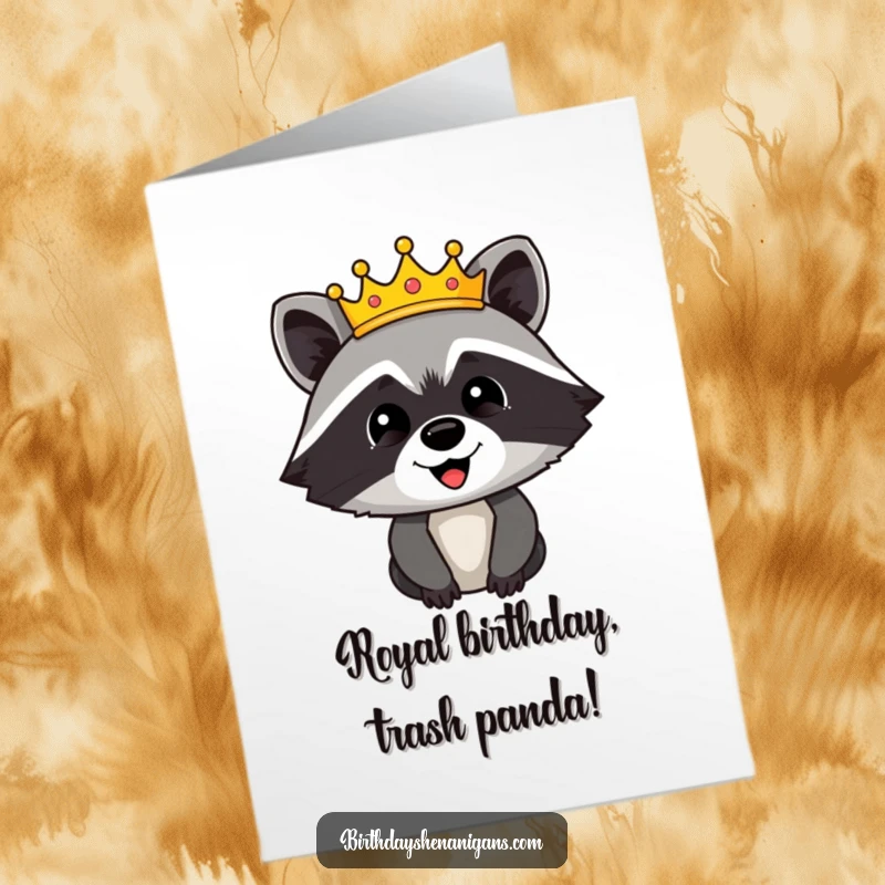 Funny Free Printable Birthday Card: A happy raccoon character wears a golden festive crown, looking regal and ready to party.