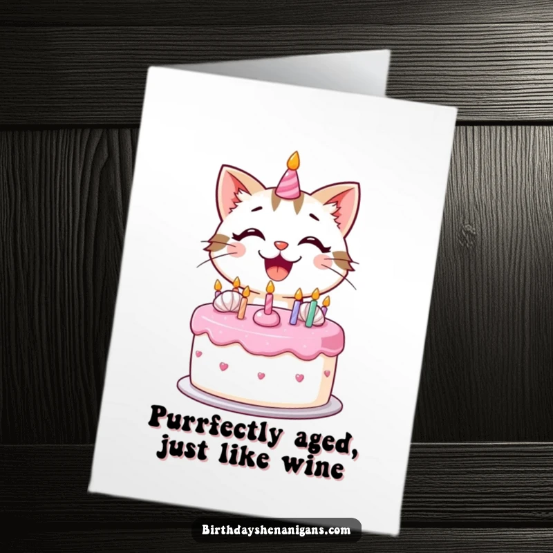 Funny Free Printable Birthday Card: A happy kawaii cat with a big smile decorating a birthday cake with frosting.