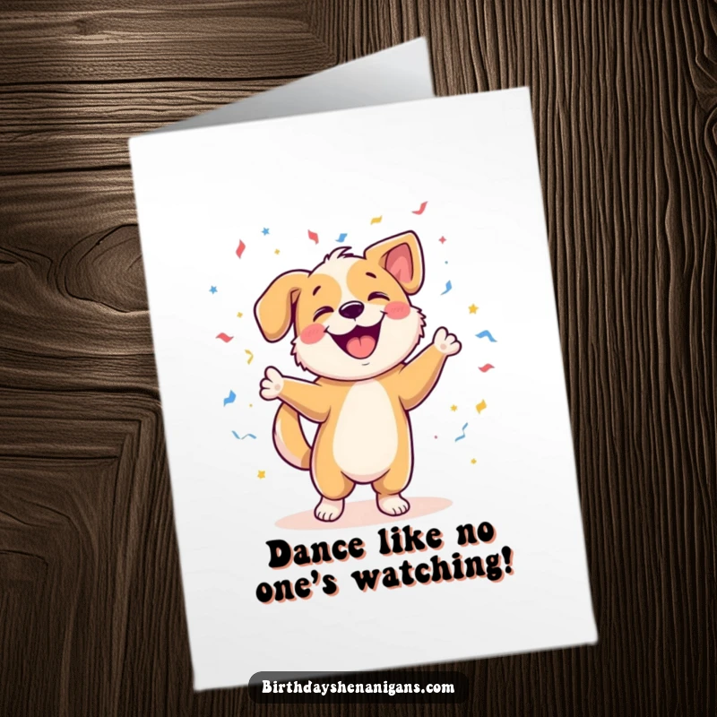 Funny Free Printable Birthday Card: A happy dog excitedly dances amidst flying confetti, spreading pure birthday joy and laughter.