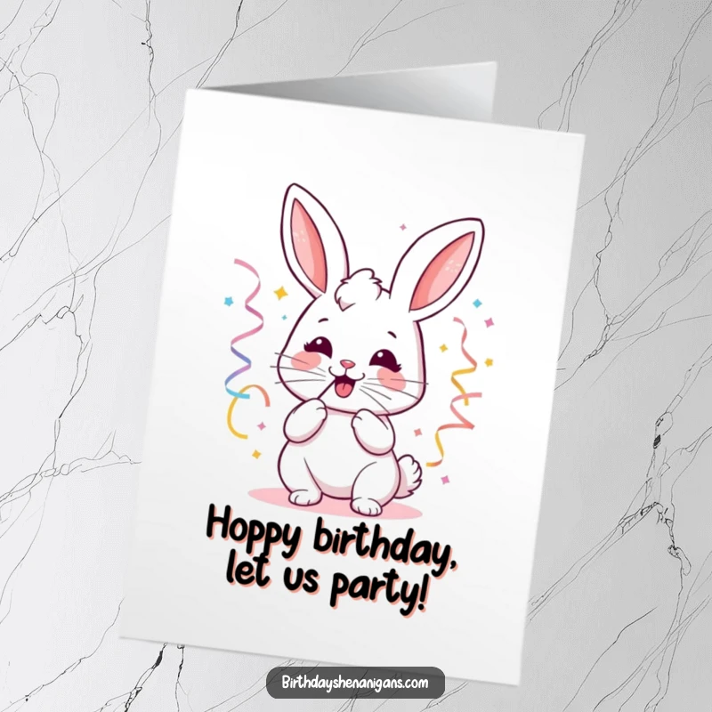 Funny Free Printable Birthday Card featuring a kawaii bunny joyfully blowing colourful party streamers, full of celebratory spirit.
