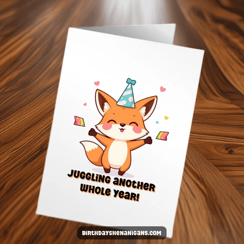 Funny Free Printable Birthday Card: Enthusiastic kawaii fox character joyfully juggles colorful party hats, ready for birthday wishes.