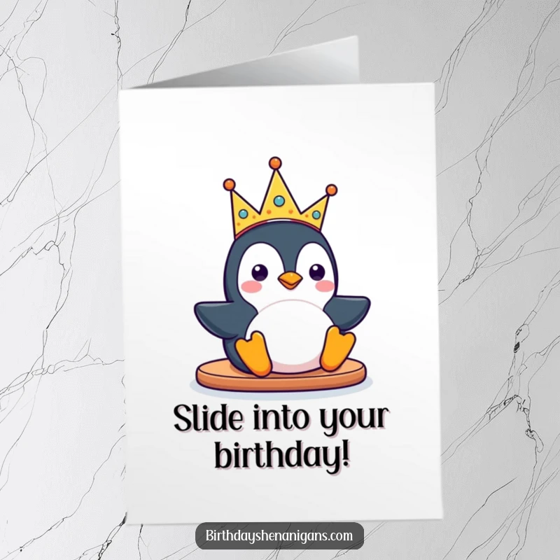 Funny Free Printable Birthday Card: Cute kawaii penguin character slides down wearing a silly, oversized party crown, full of birthday joy.
