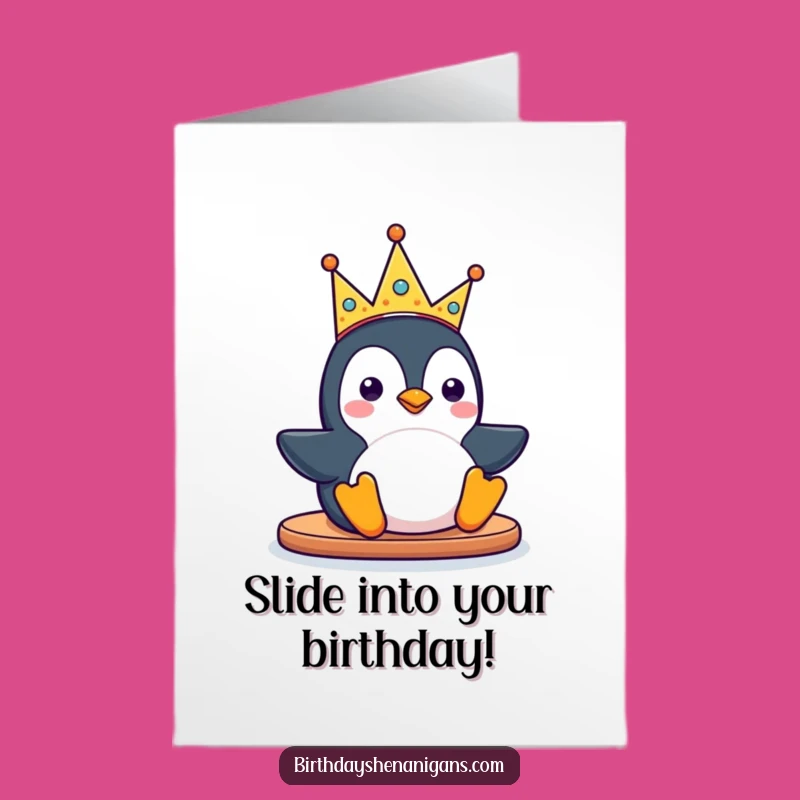 Free Printable Birthday Card: Kawaii Penguin's Silly Crown Slide