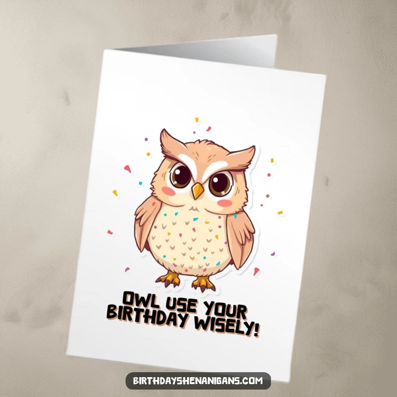 Funny Free Printable Birthday Card: A mischievous owl with confetti in its feathers, ready for a wild birthday bash.