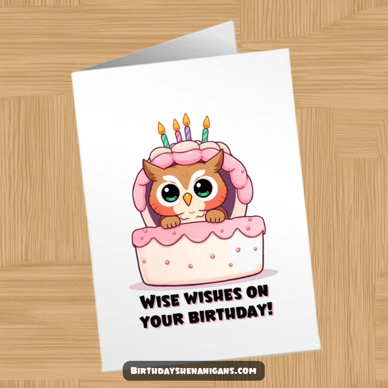 Funny free printable birthday card showing a curious owl peeking from behind a giant, tempting birthday cake.