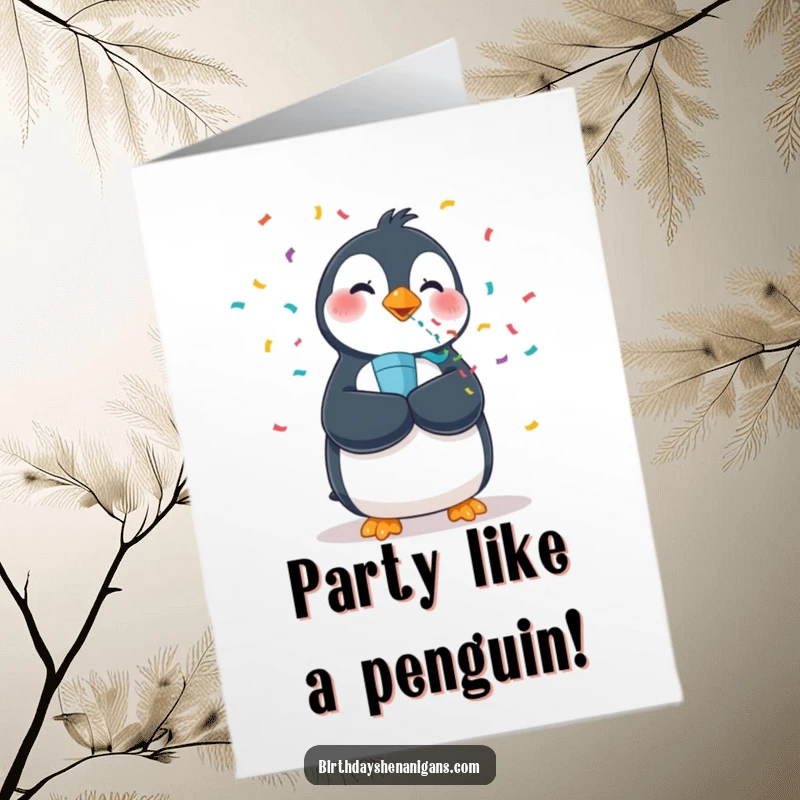 Funny free printable birthday card of a wobbly penguin joyfully blasting a confetti popper with pure enthusiasm.
