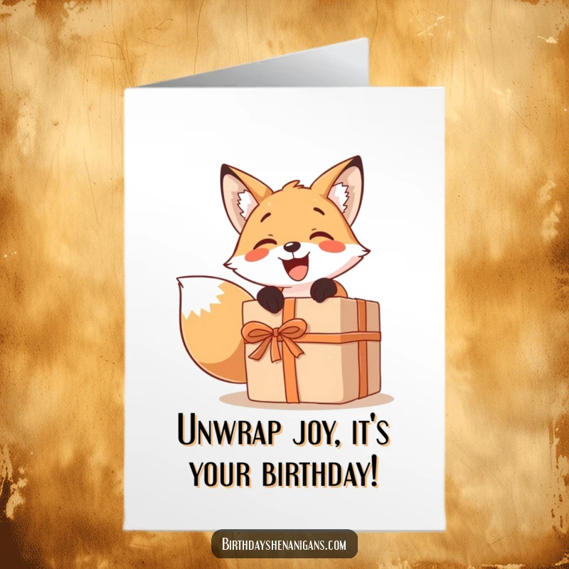 Funny Free Printable Birthday Card: A smiling fox excitedly unwraps a giant present, expressing pure birthday joy and surprise.
