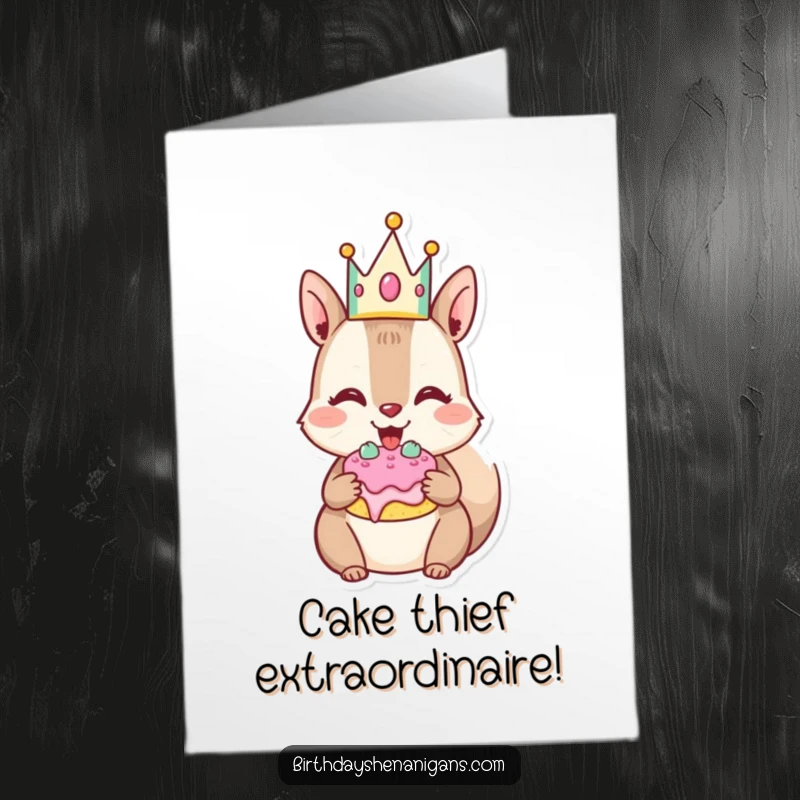 Funny Free Printable Birthday Card: Joyful squirrel in crown stuffs cheeks with birthday cake greedily.