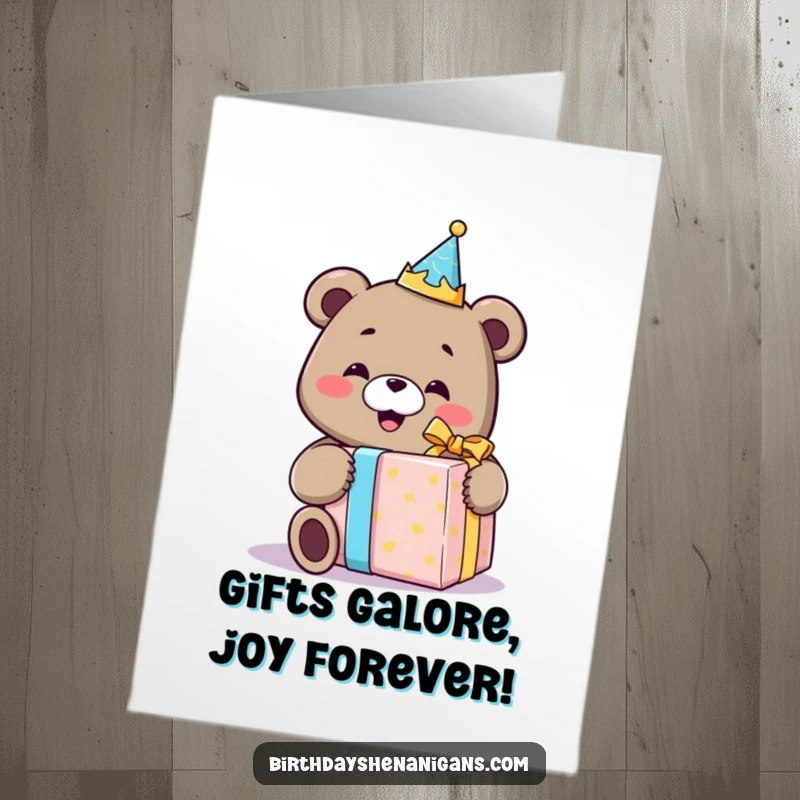 Funny Free Printable Birthday Card: Smiling bear wears crown, joyfully unwrapping an enormous gift box, pure delight evident.