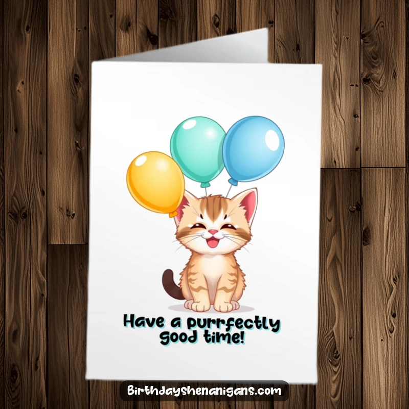 Funny Free Printable Kitten Birthday Card: Giggling kitten skillfully balancing multiple colorful balloons on its nose, spreading downloadable birthday joy.