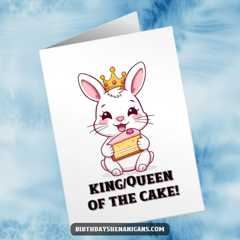 Funny Free Printable Rabbit Birthday Card: Happy rabbit protagonist wearing a crown, holding a slice of cake, spreading downloadable birthday cheer.