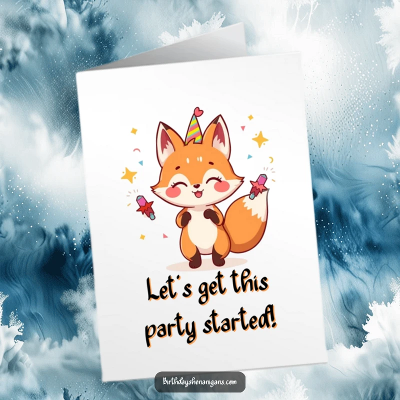 Funny Free Printable Birthday Card: A gleeful fox enthusiastically juggles multiple party poppers, celebrating with vibrant energy.