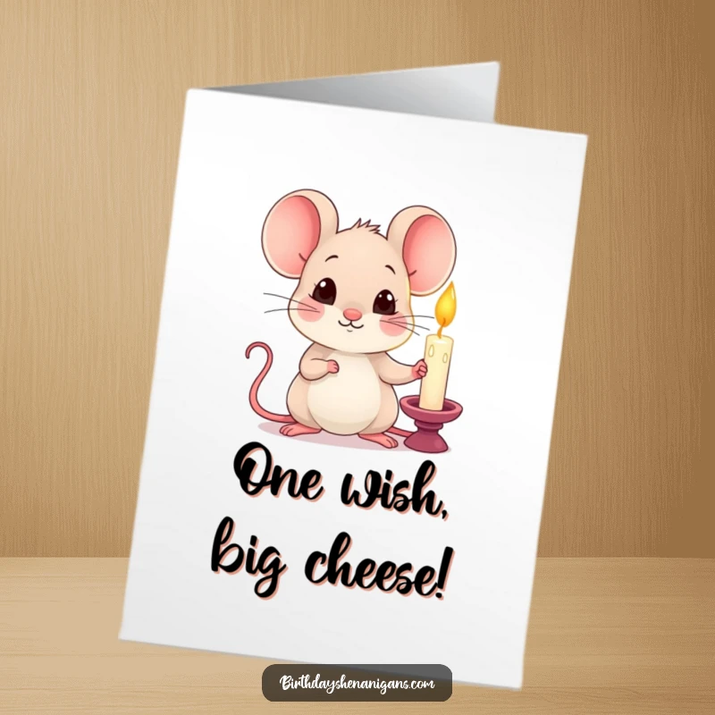 Funny Free Printable Birthday Card: A kawaii mouse with a curious expression holding a single, lit candle.
